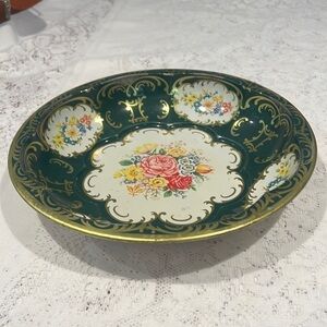 Daher Green Floral 10” Aluminum Tin Bowl Tray Made in England 1970's